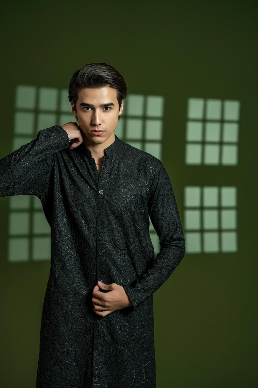 Black Embroidered Wash & Wear Kurta Set (2-Piece) - Image 3