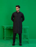 Black Embroidered Wash N Wear Sherwani-Style Kurta (2-Piece) - Image 2