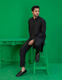 Black Embroidered Wash N Wear Sherwani-Style Kurta (2-Piece) - Image 5