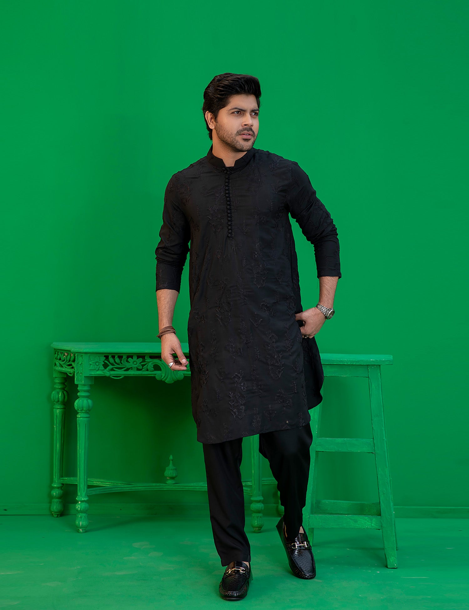 Black Embroidered Wash N Wear Kurta (2-Piece) - Image 1
