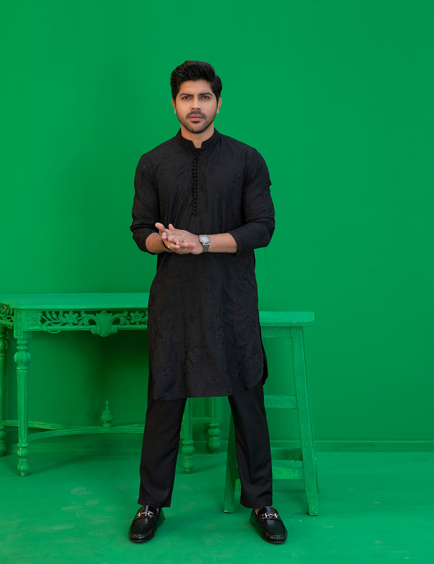 Black Embroidered Wash N Wear Kurta (2-Piece) - Image 2