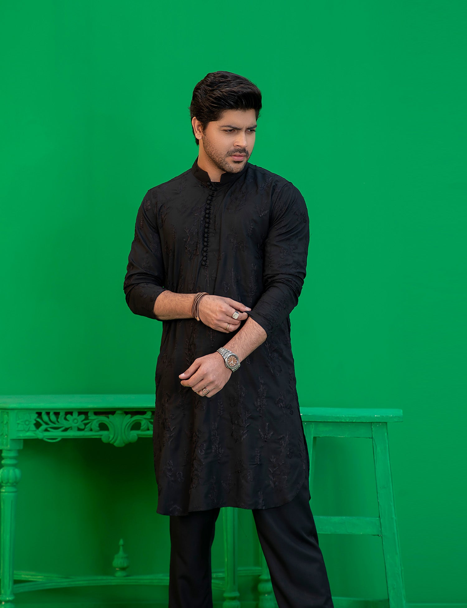 Black Embroidered Wash N Wear Kurta (2-Piece) - Image 3