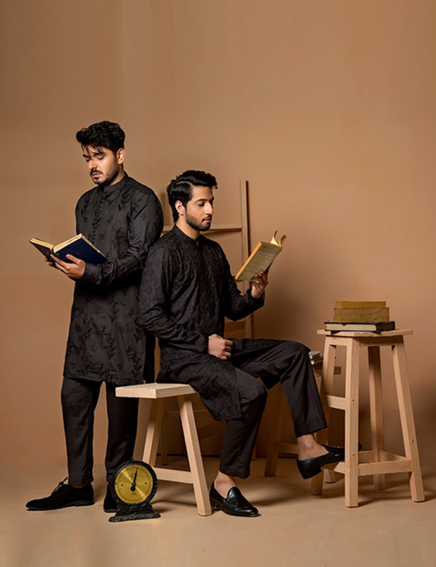 Black Embroidered Wash & Wear Kurta Pajama (2-Piece) - Image 5