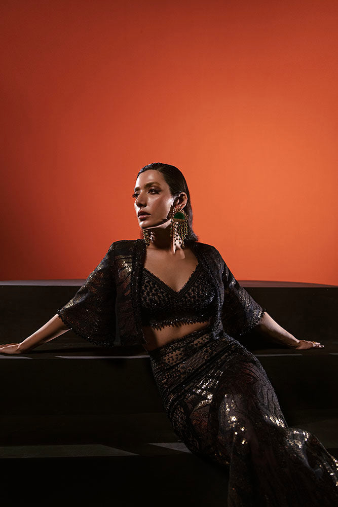 Black Sequin & Crystal Hand-Embroidered 3-Piece Ensemble - Image 5