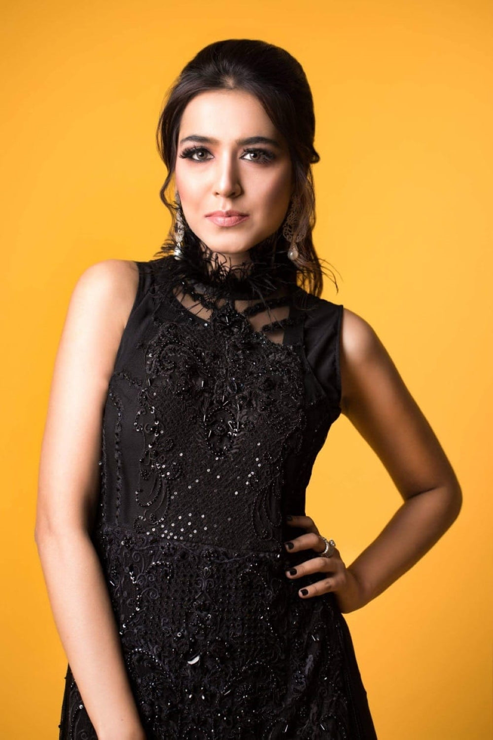 Pakistani Black Beaded Fringe Hem Party Dress (1-Pc) - Image 2