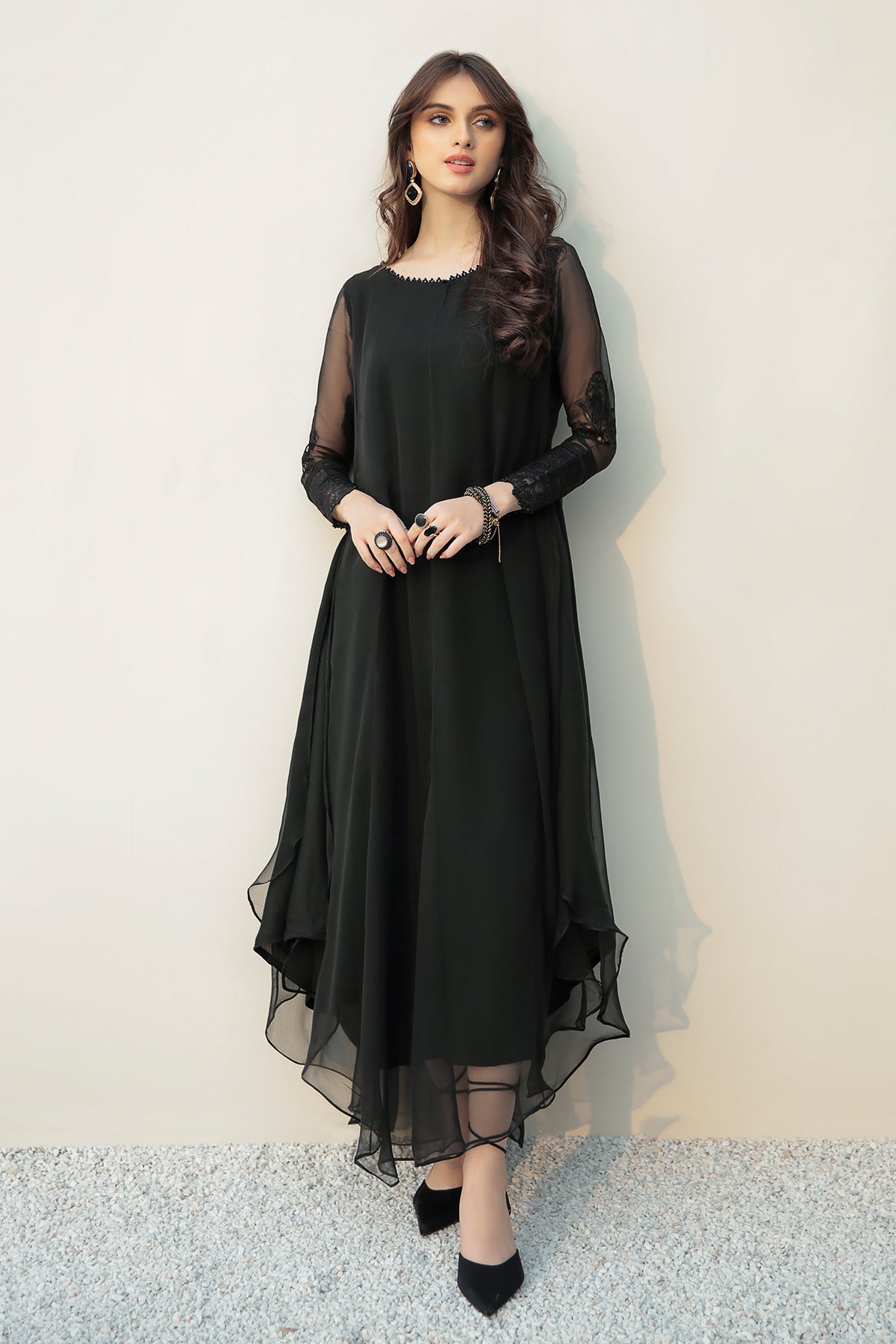 Black Embroidered-Sleeve Chiffon Frock (2-Piece) - Image 1