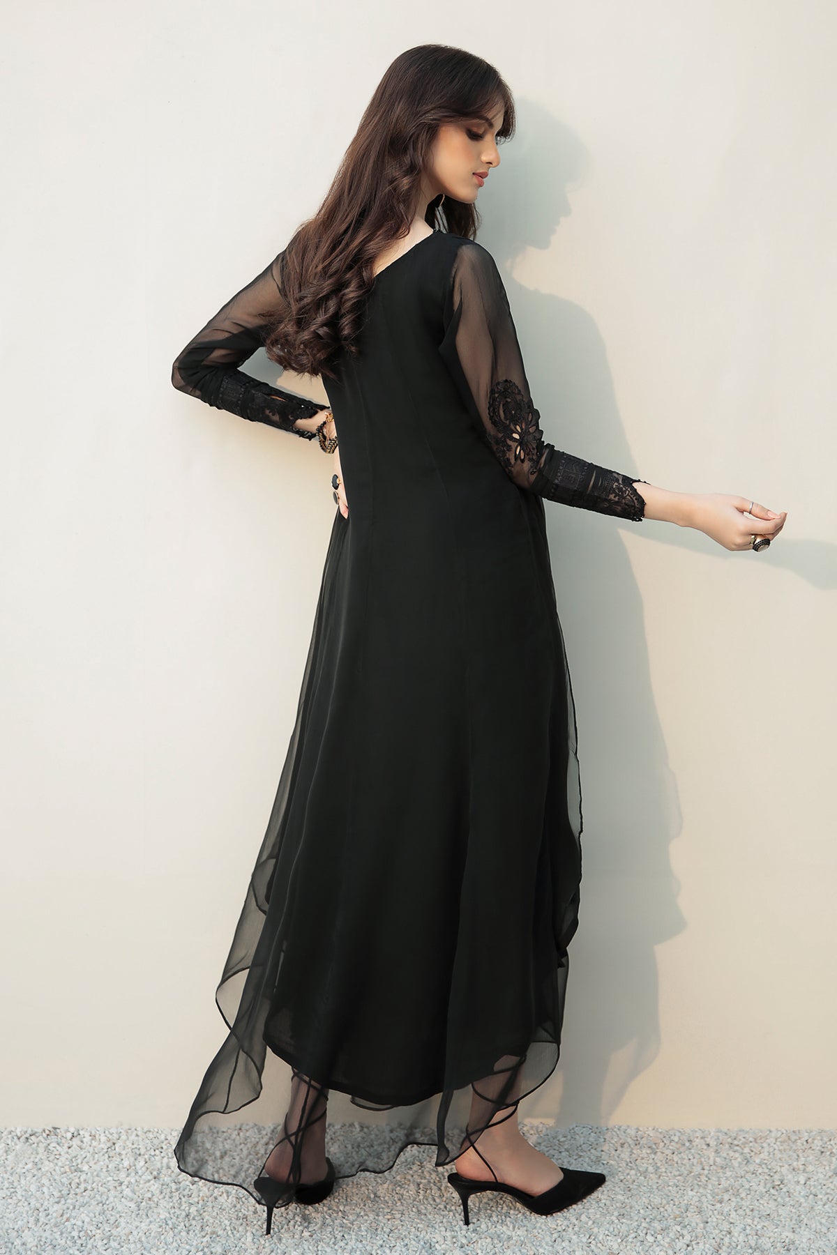 Black Embroidered-Sleeve Chiffon Frock (2-Piece) - Image 2