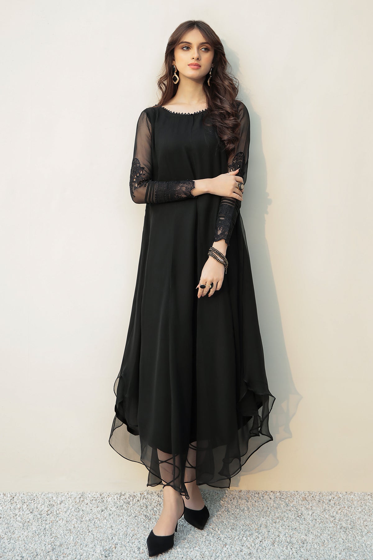 Black Embroidered-Sleeve Chiffon Frock (2-Piece) - Image 4