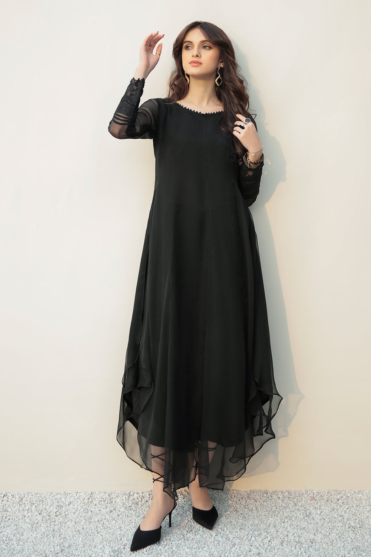 Black Embroidered-Sleeve Chiffon Frock (2-Piece) - Image 5