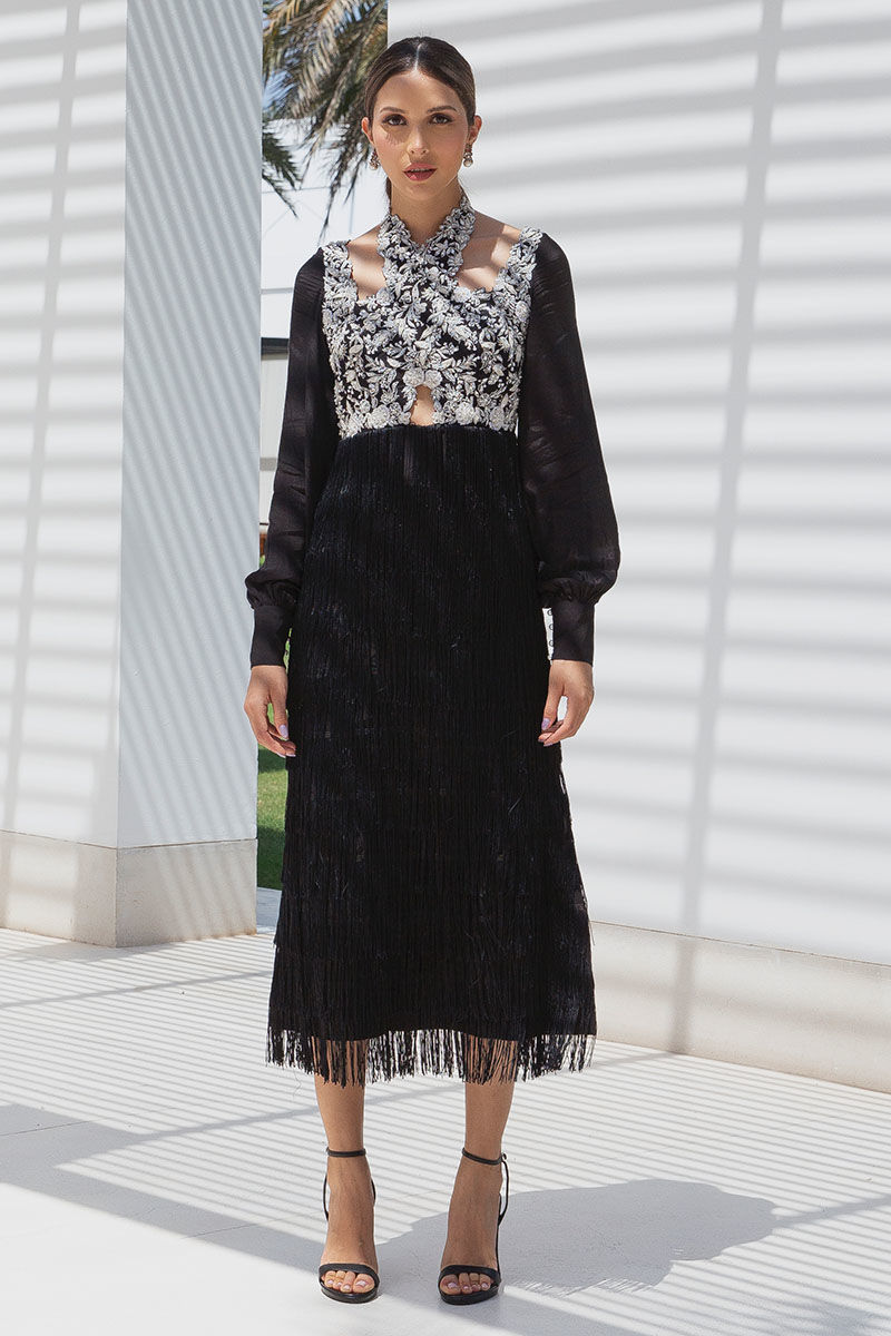 Pakistani Black Crystal & Pearl Embellished Midi Dress (1-Pc) - Image 1