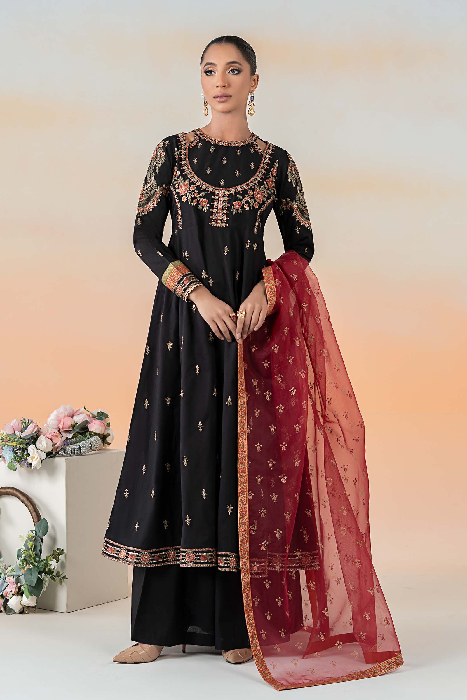Black Embroidered Lawn Frock (3-Piece) - Image 1
