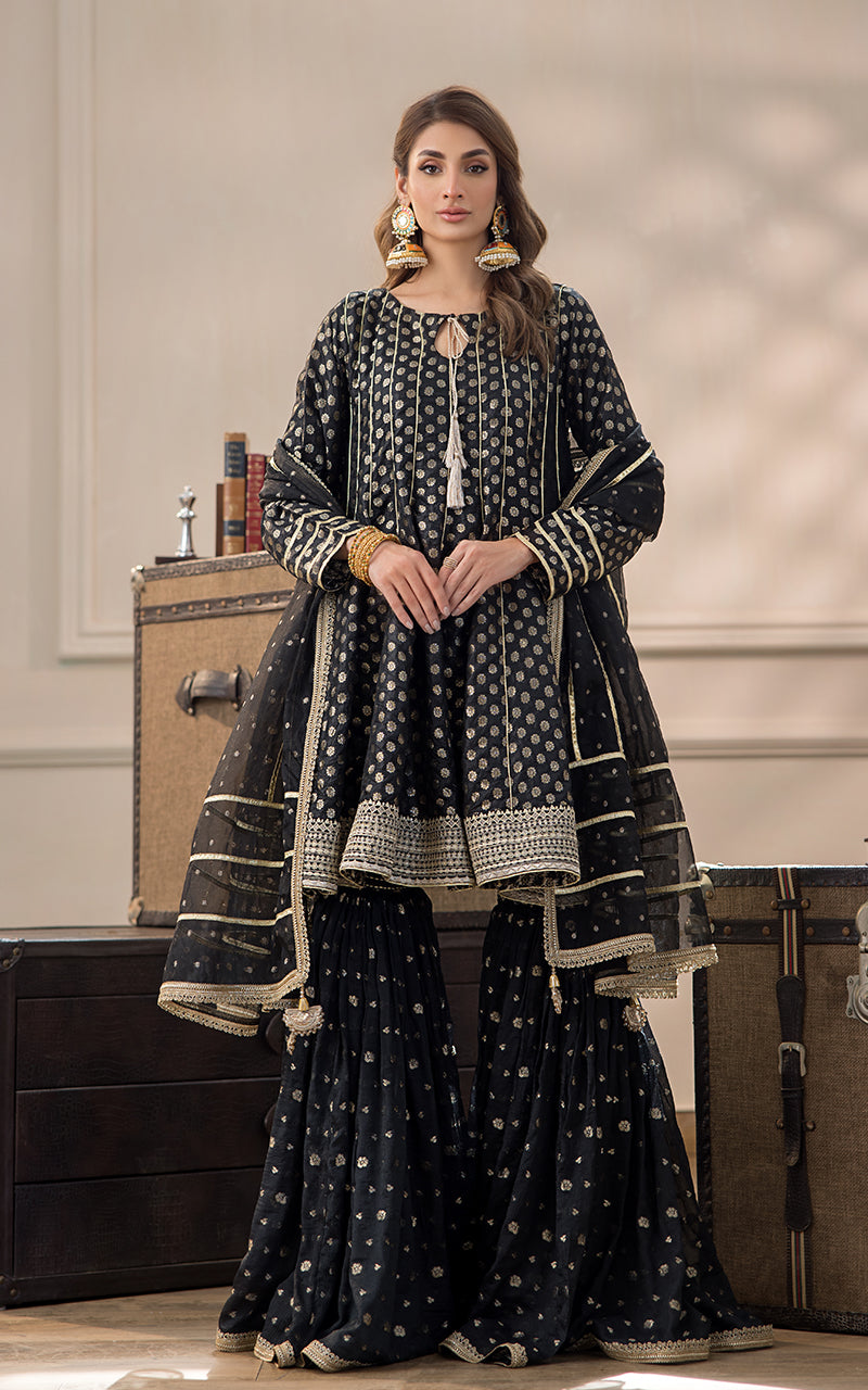 Pakistani Black Banarsi Boti Gharara Set (3-Piece) - Image 1