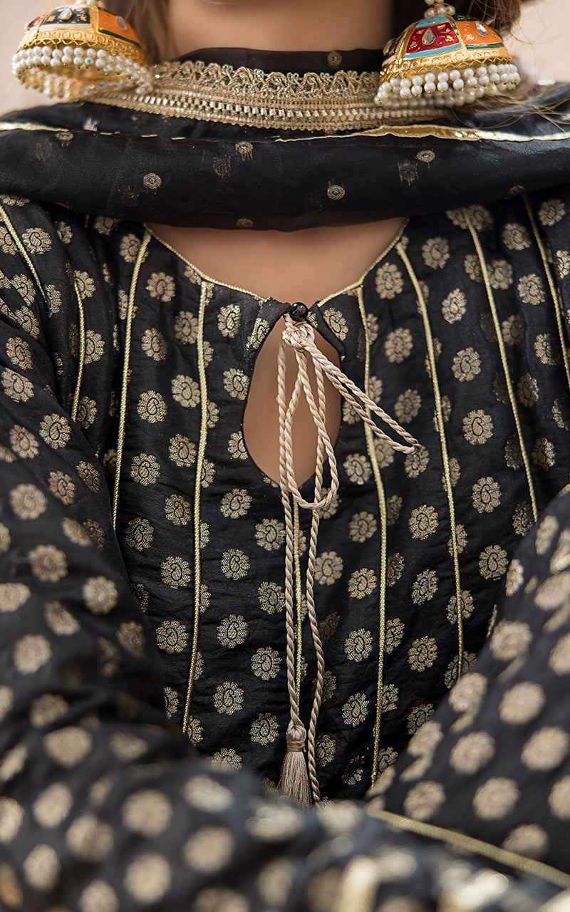 Pakistani Black Banarsi Boti Gharara Set (3-Piece) - Image 2