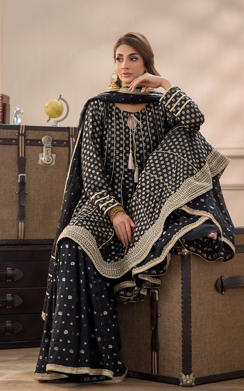 Pakistani Black Banarsi Boti Gharara Set (3-Piece) - Image 3