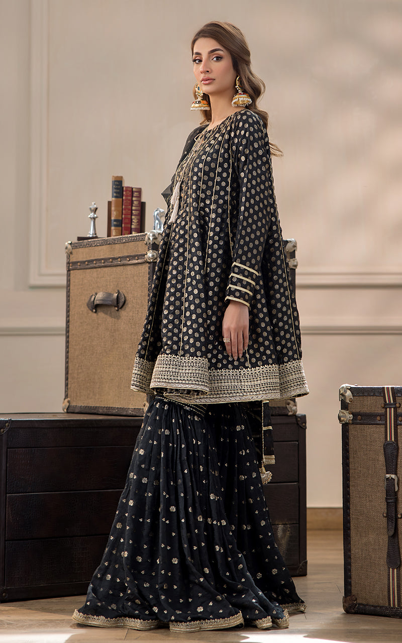 Pakistani Black Banarsi Boti Gharara Set (3-Piece) - Image 4