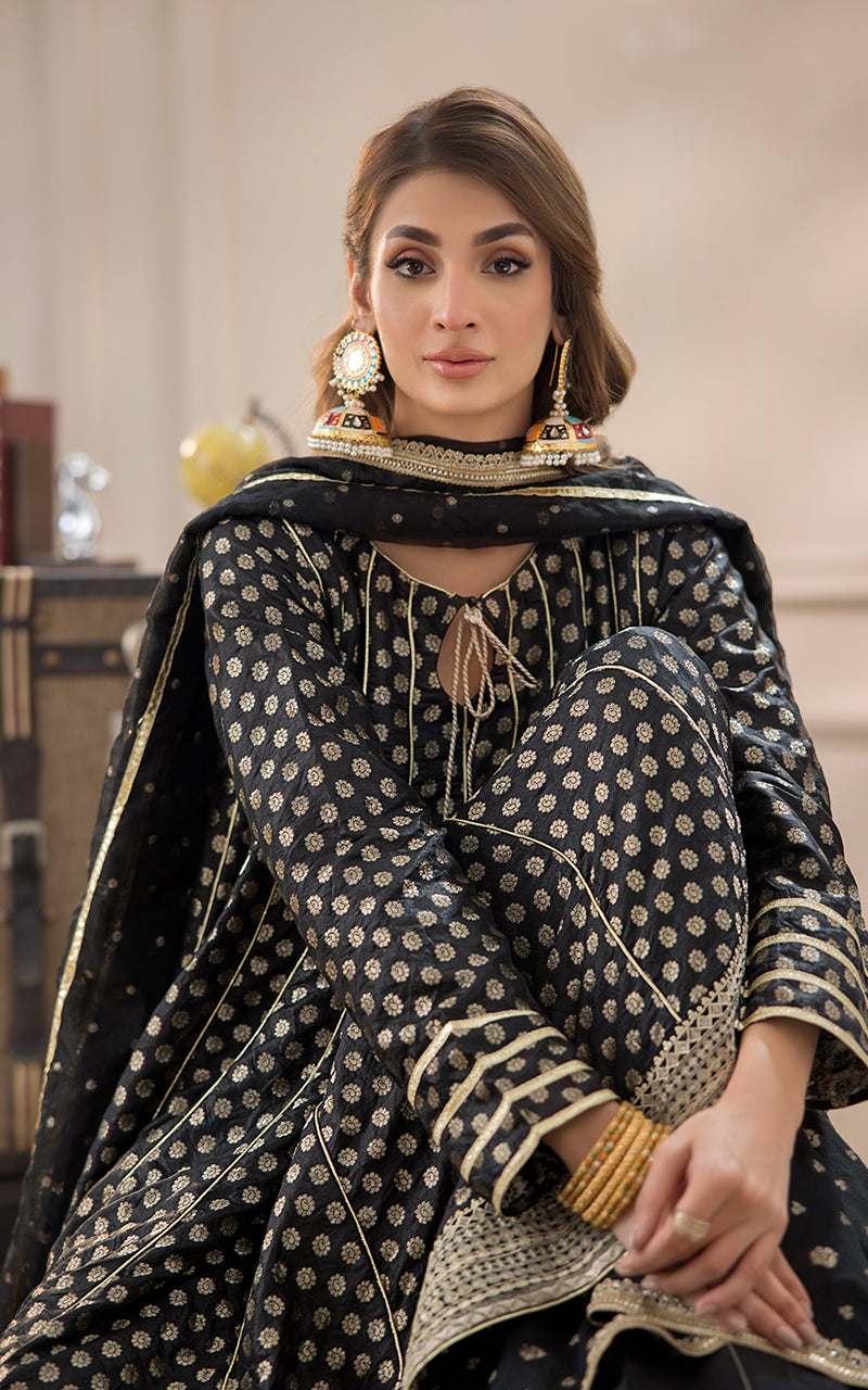 Pakistani Black Banarsi Boti Gharara Set (3-Piece) - Image 5