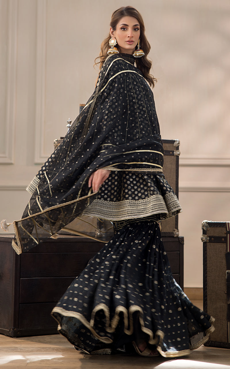 Pakistani Black Banarsi Boti Gharara Set (3-Piece) - Image 7