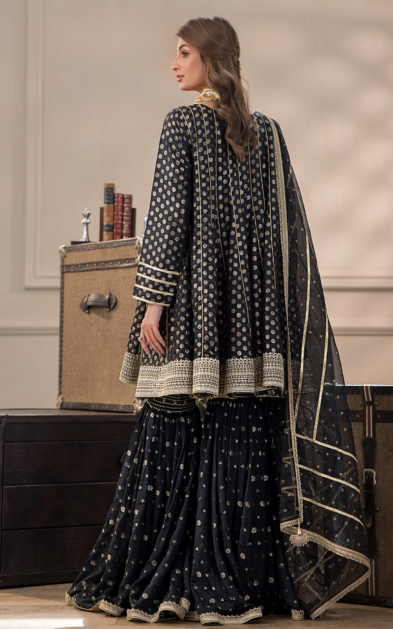 Pakistani Black Banarsi Boti Gharara Set (3-Piece) - Image 8