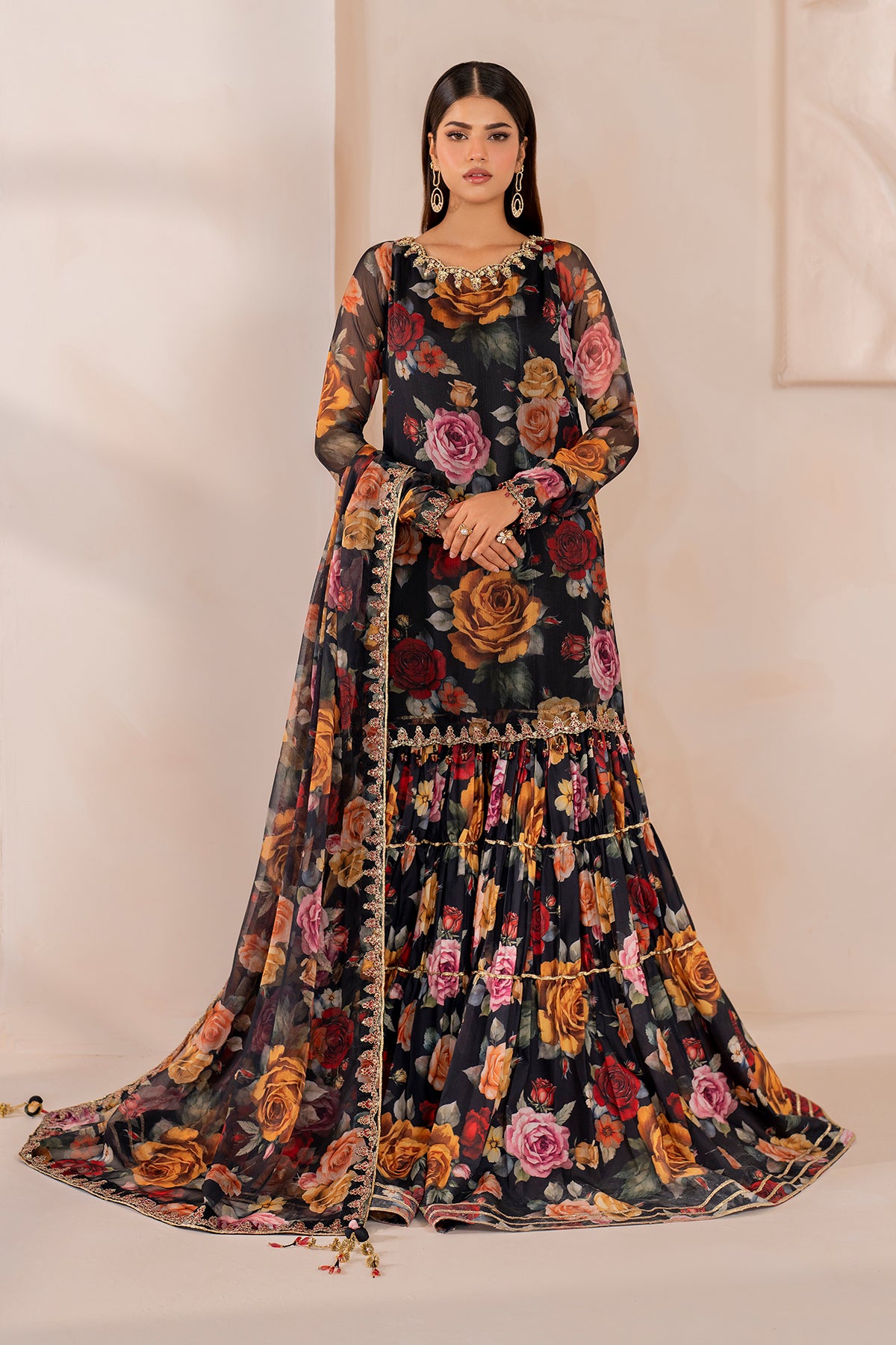 Pakistani Black Floral Printed Chiffon Gharara Set (3-Piece) - Image 1