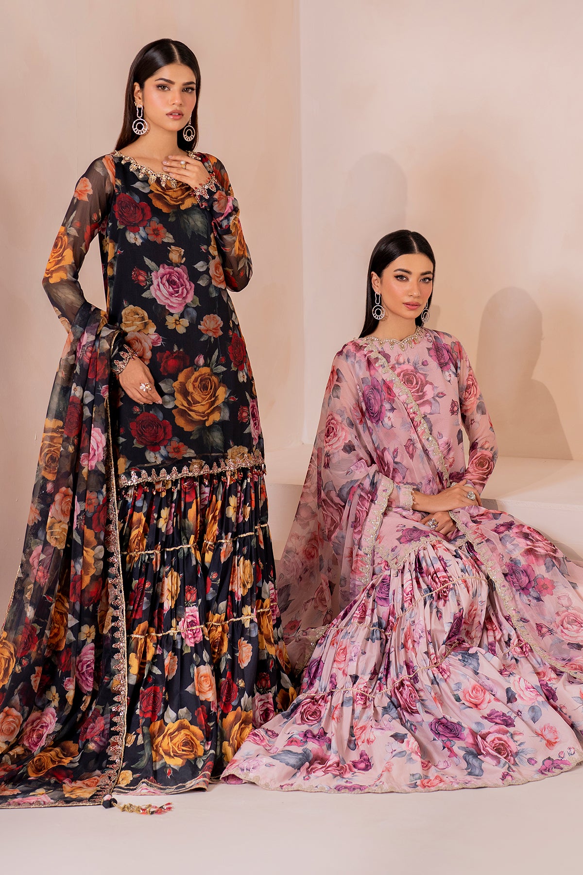 Pakistani Black Floral Printed Chiffon Gharara Set (3-Piece) - Image 10