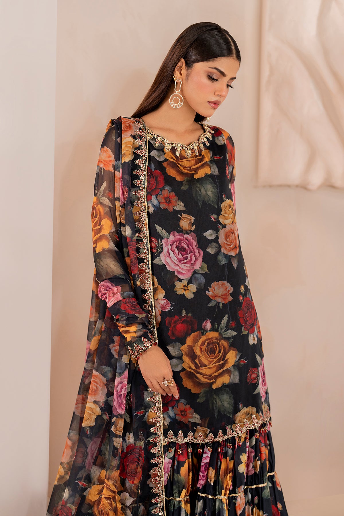 Pakistani Black Floral Printed Chiffon Gharara Set (3-Piece) - Image 12
