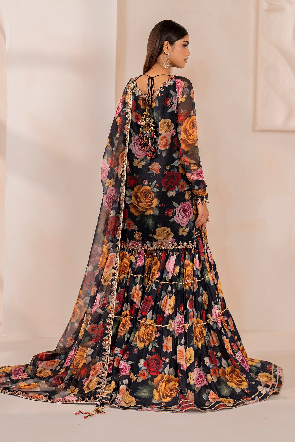 Pakistani Black Floral Printed Chiffon Gharara Set (3-Piece) - Image 2