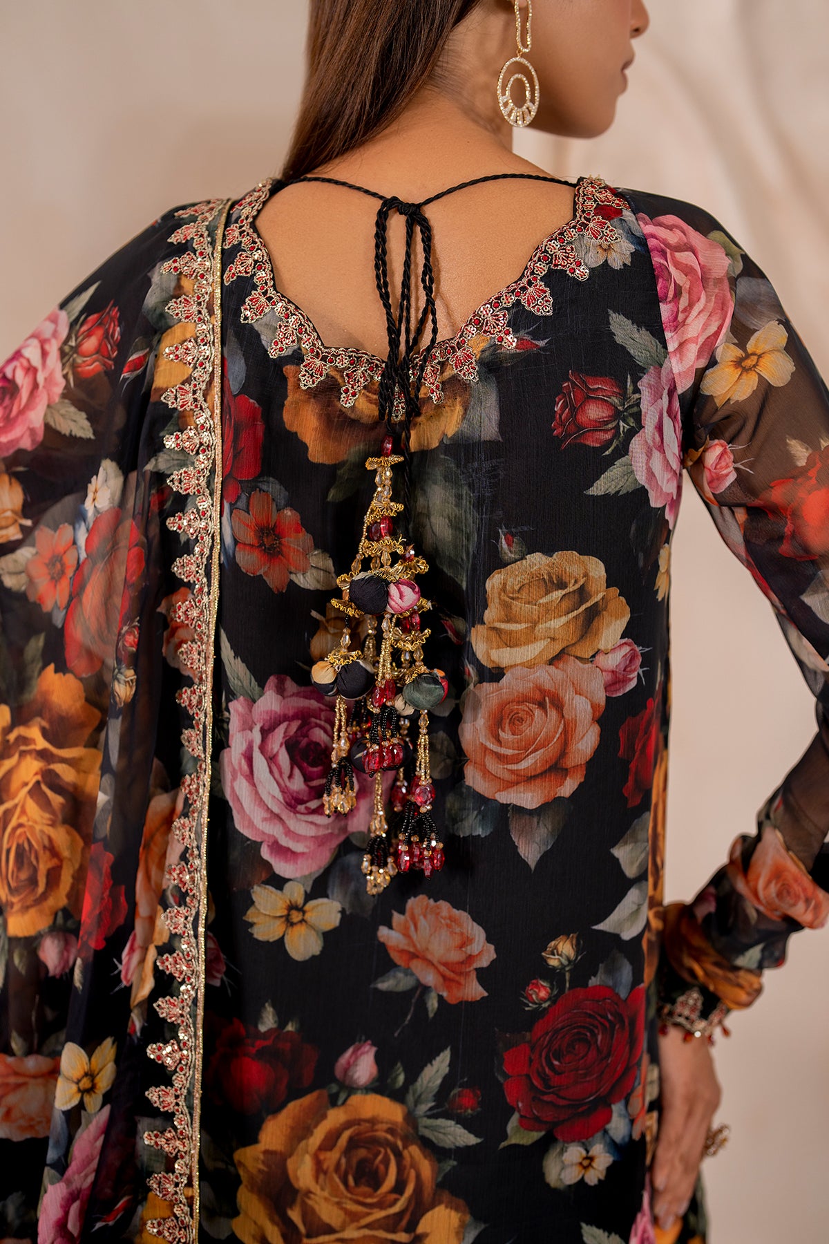 Pakistani Black Floral Printed Chiffon Gharara Set (3-Piece) - Image 3