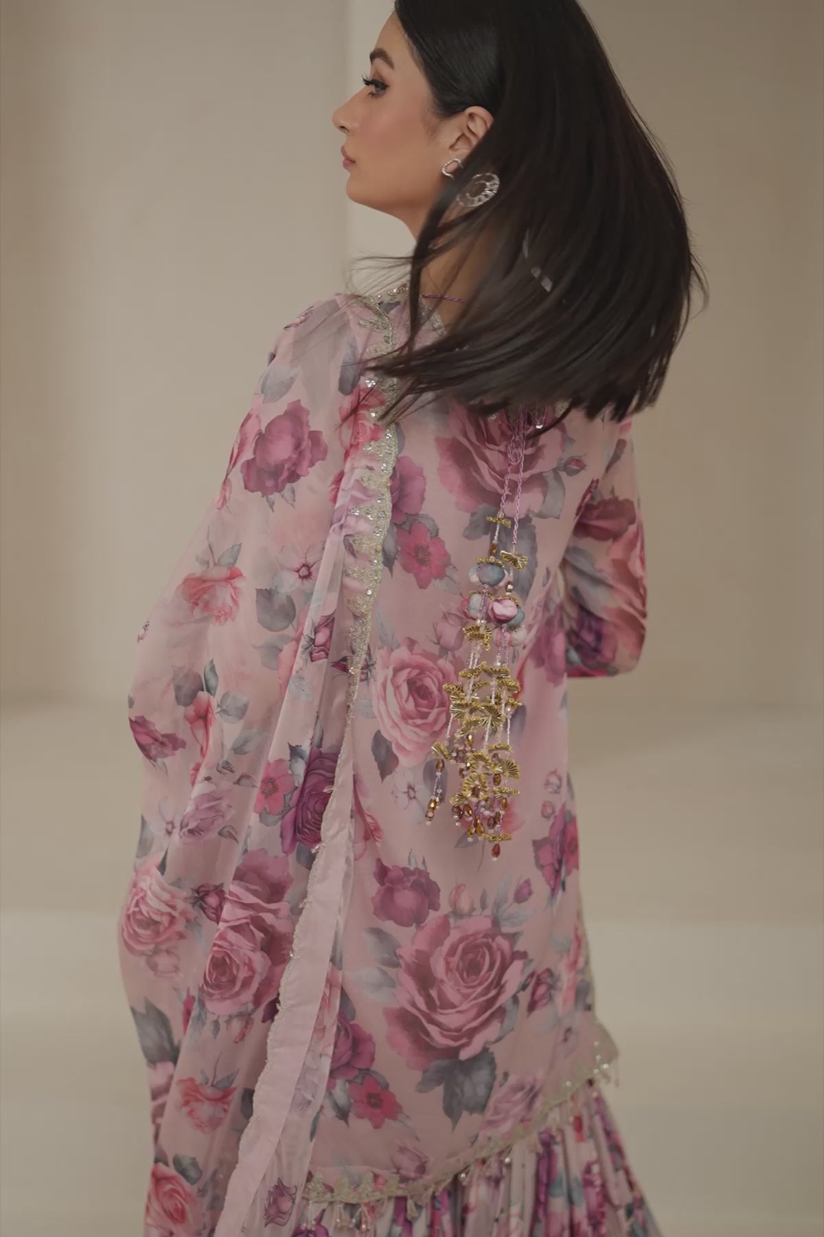 Pakistani Black Floral Printed Chiffon Gharara Set (3-Piece) - Image 4