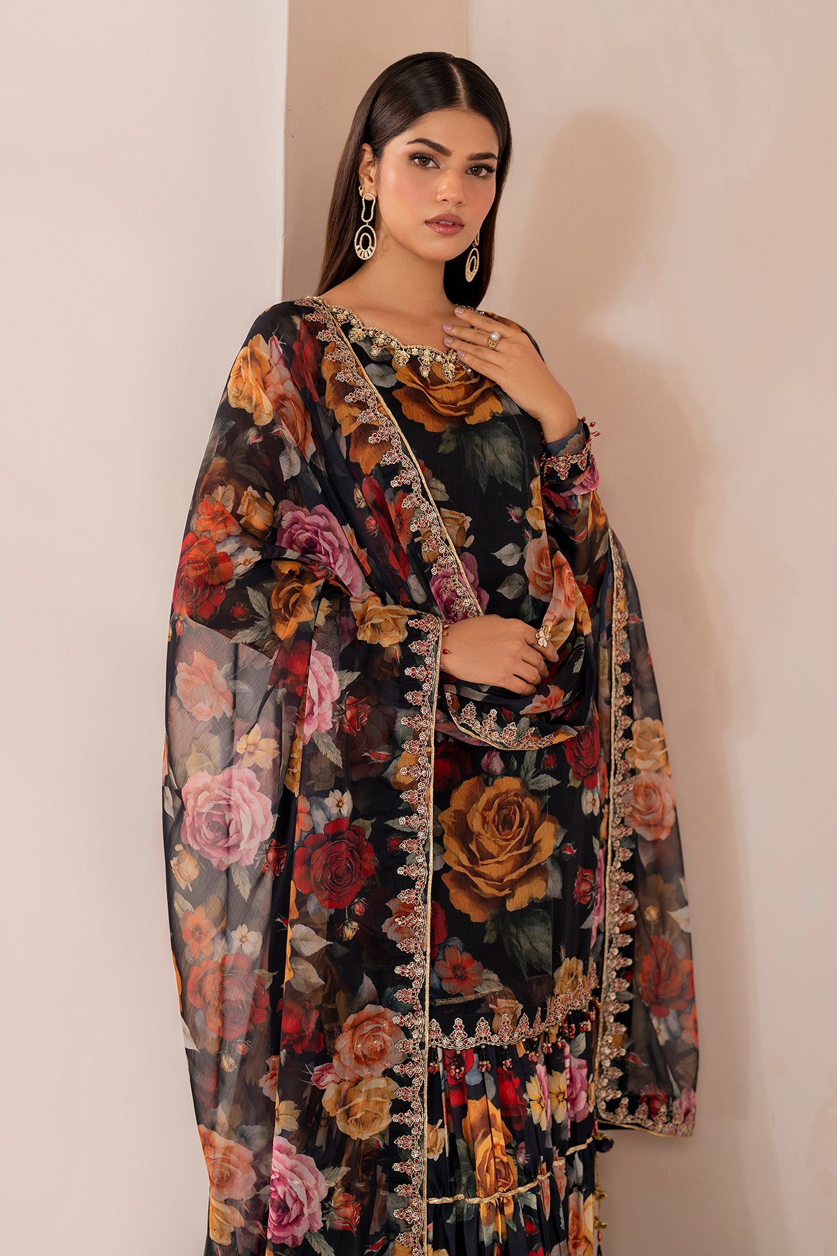 Pakistani Black Floral Printed Chiffon Gharara Set (3-Piece) - Image 5