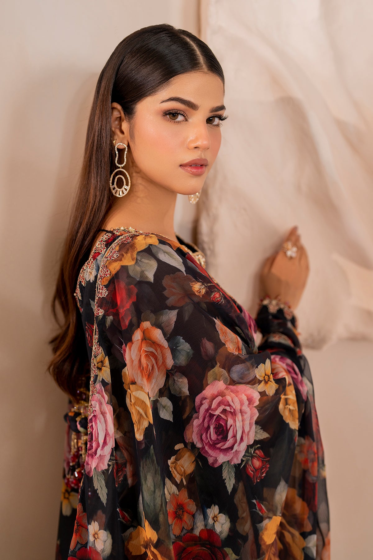 Pakistani Black Floral Printed Chiffon Gharara Set (3-Piece) - Image 6