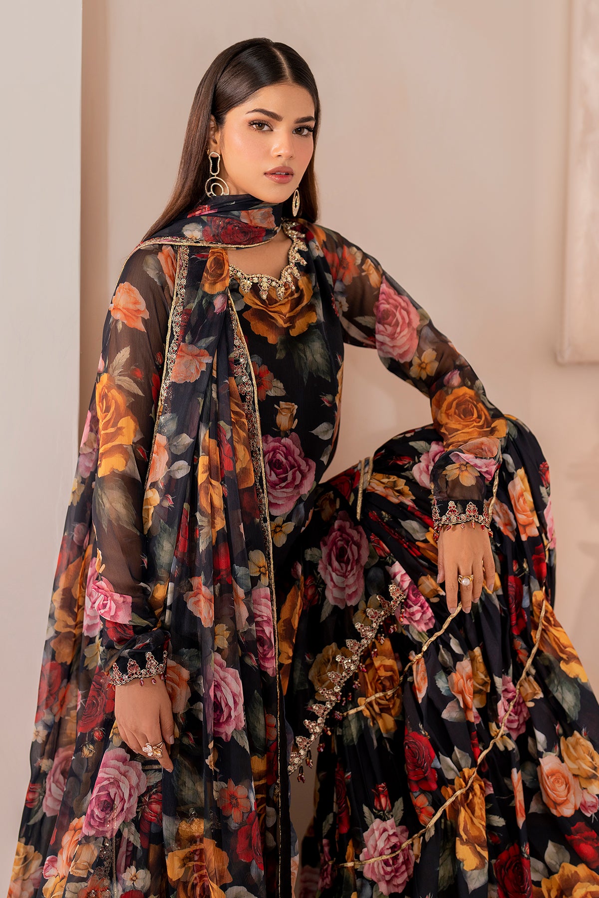 Pakistani Black Floral Printed Chiffon Gharara Set (3-Piece) - Image 7