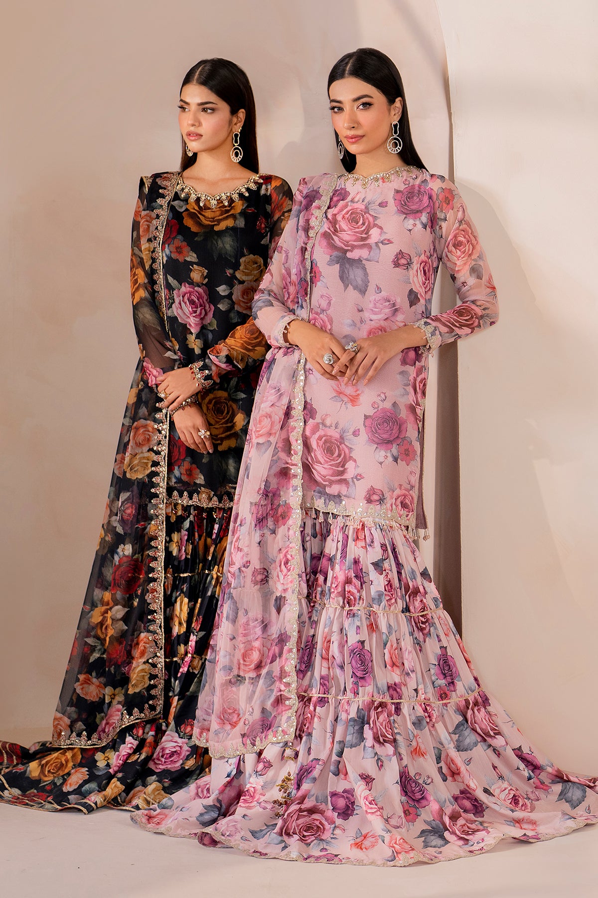Pakistani Black Floral Printed Chiffon Gharara Set (3-Piece) - Image 8