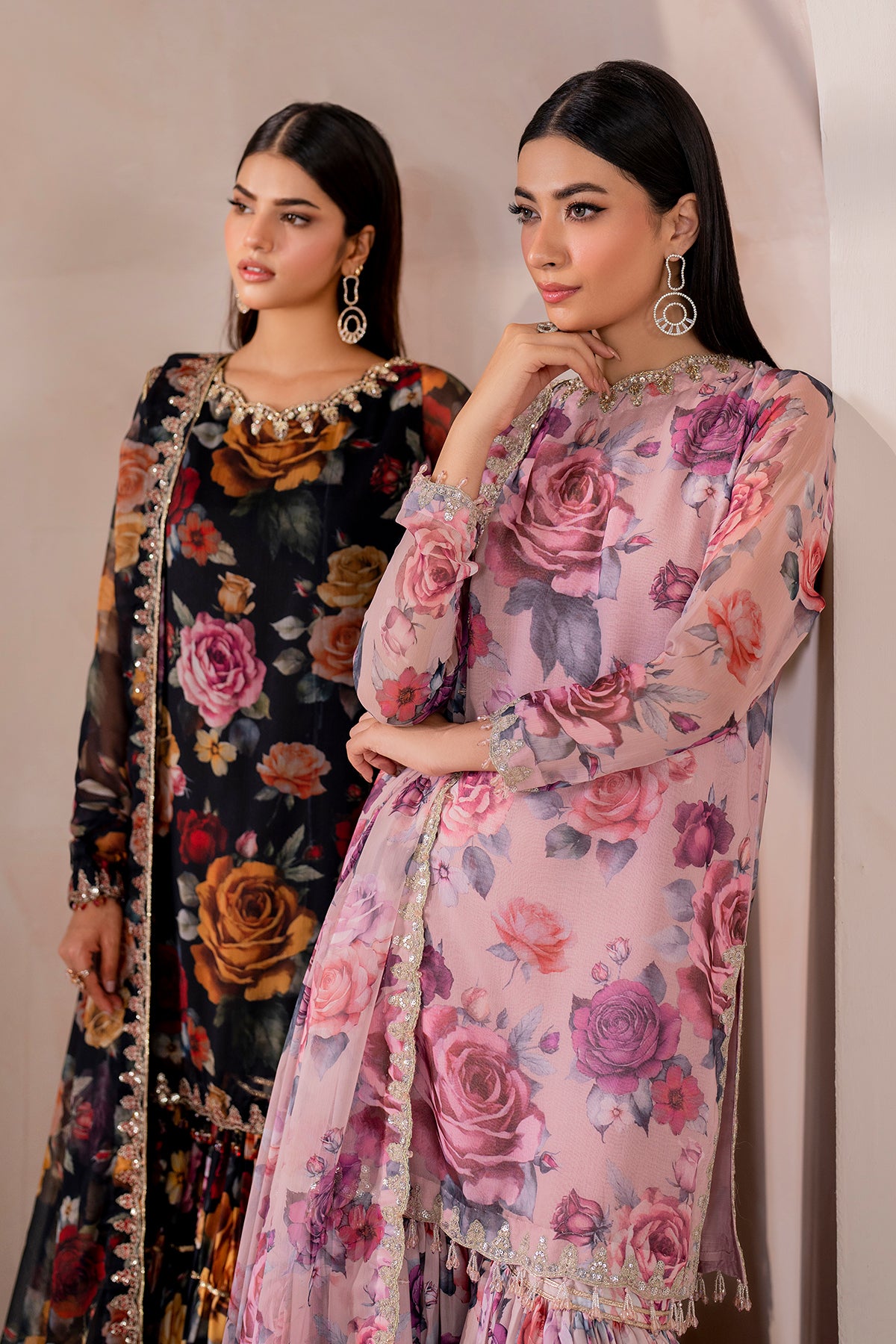 Pakistani Black Floral Printed Chiffon Gharara Set (3-Piece) - Image 9