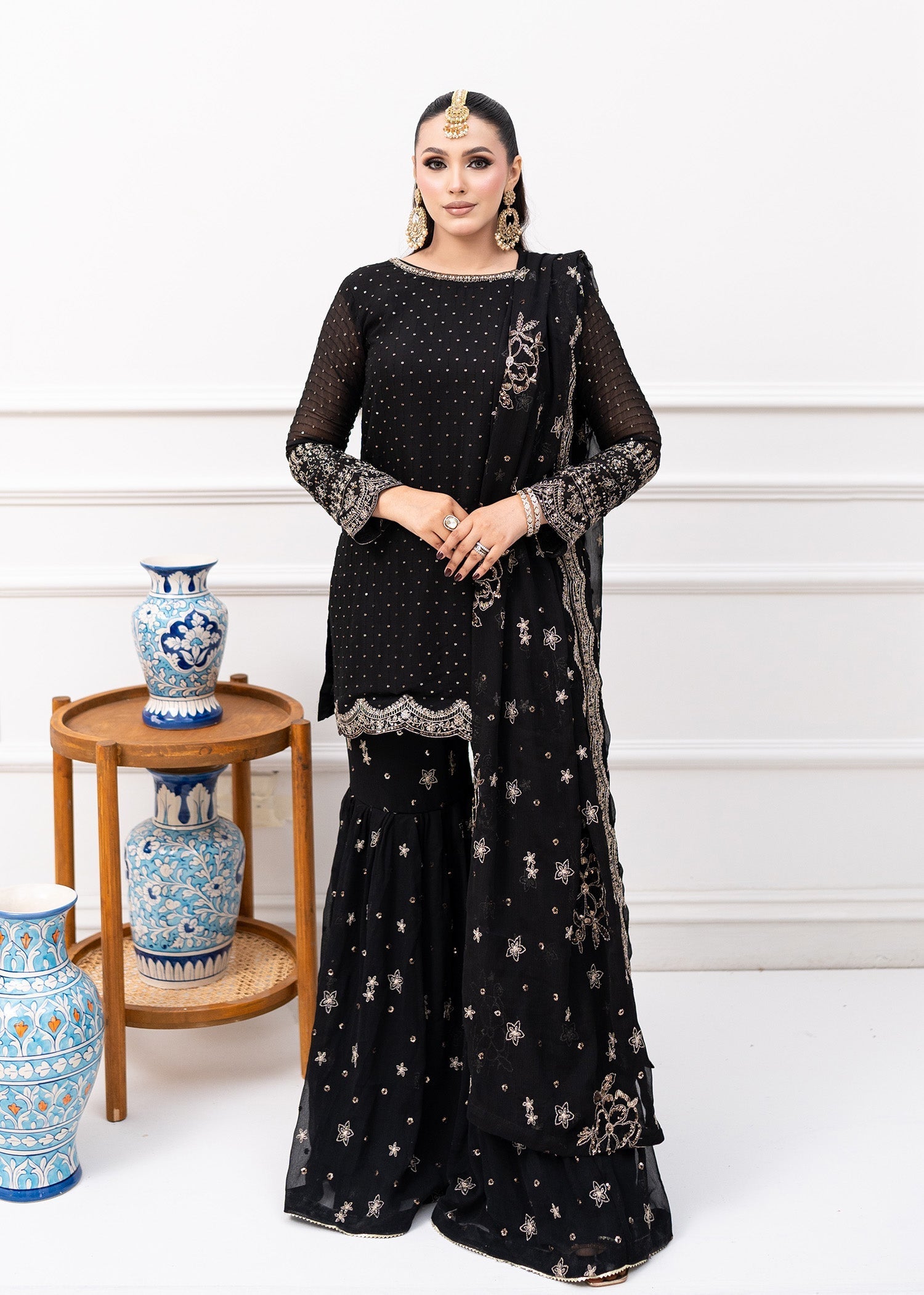 Black Embroidered Chiffon Kurti & Silk Gharara (3-Piece) - Image 1