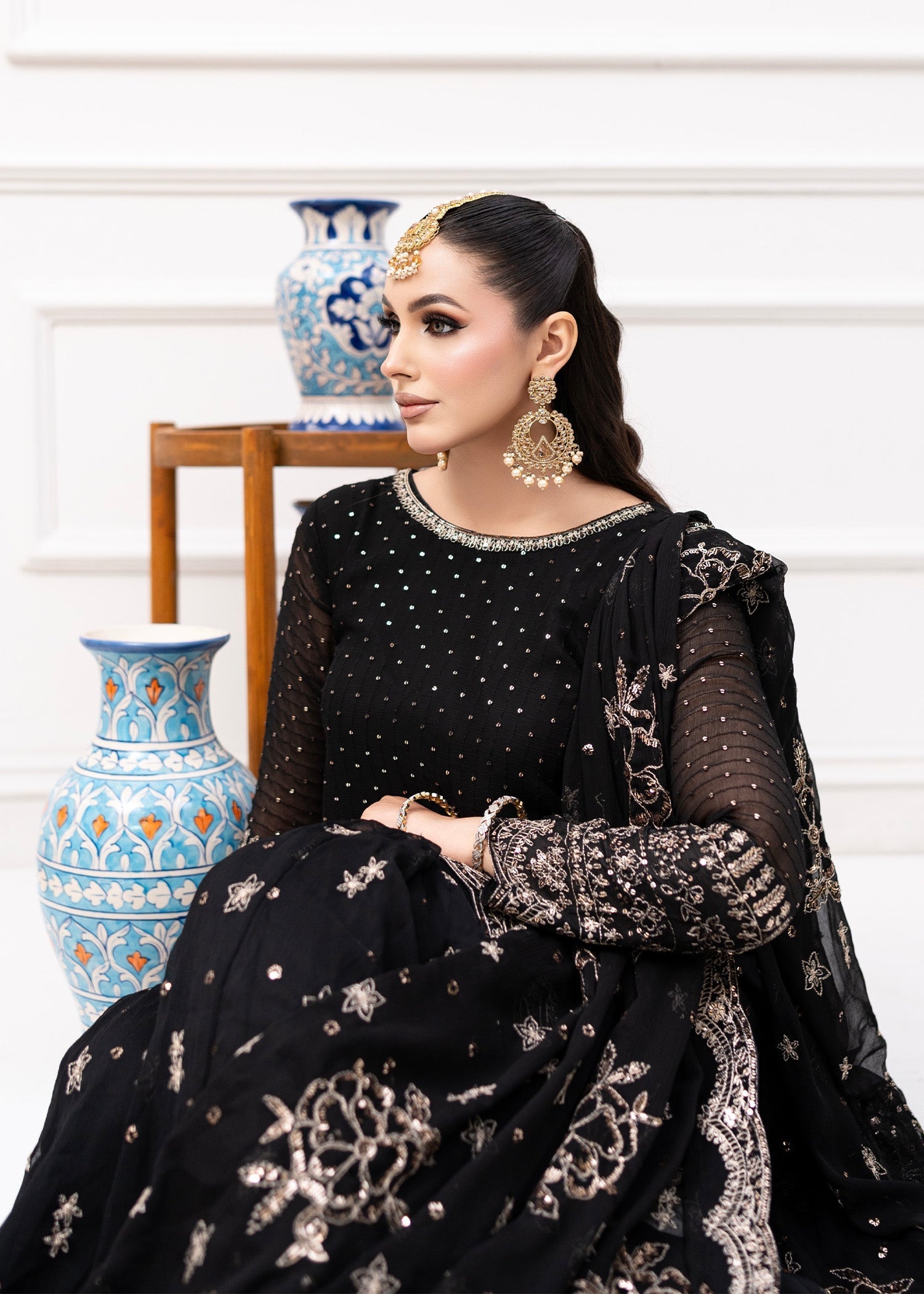 Black Embroidered Chiffon Kurti & Silk Gharara (3-Piece) - Image 2