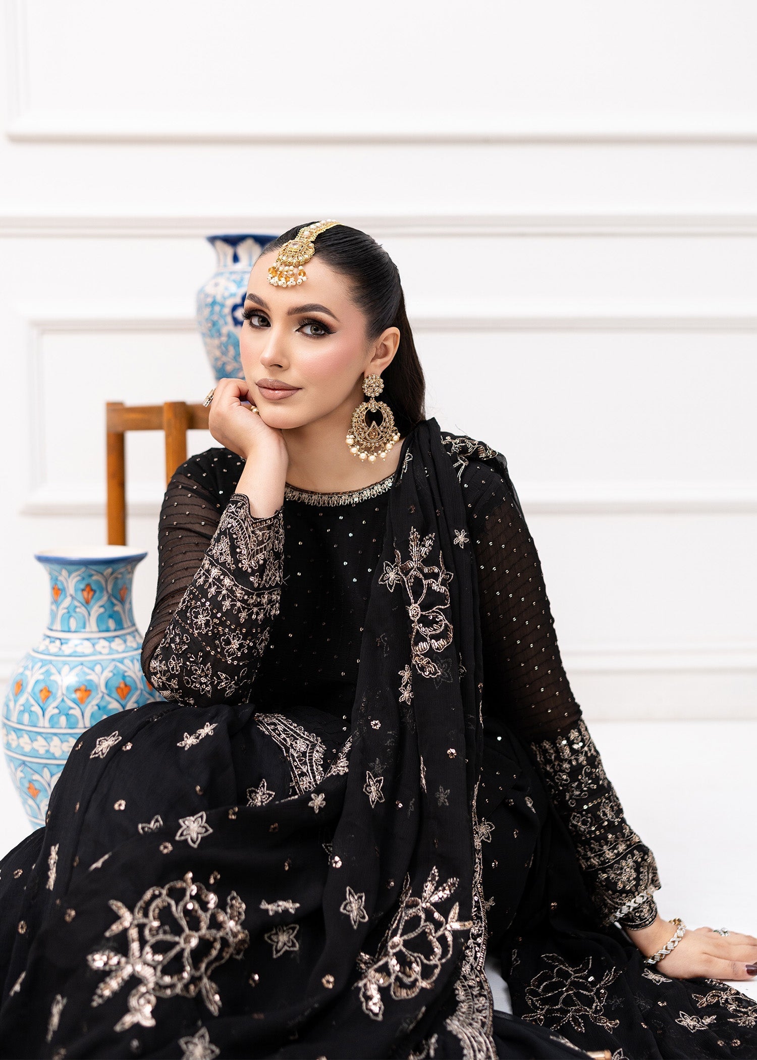 Black Embroidered Chiffon Kurti & Silk Gharara (3-Piece) - Image 3