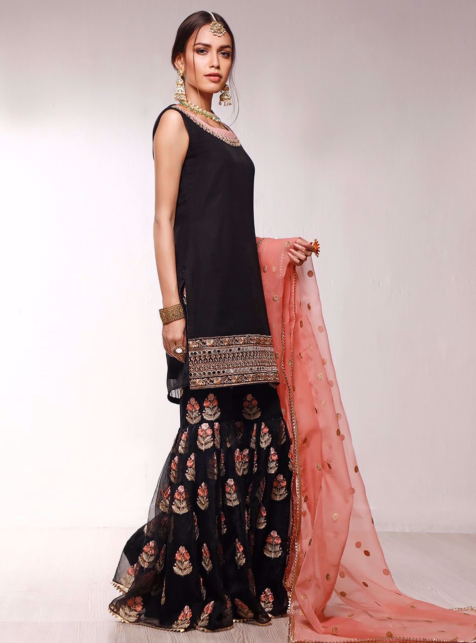 Black Mirror Work Chiffon Gharara (3-Piece) - Image 2