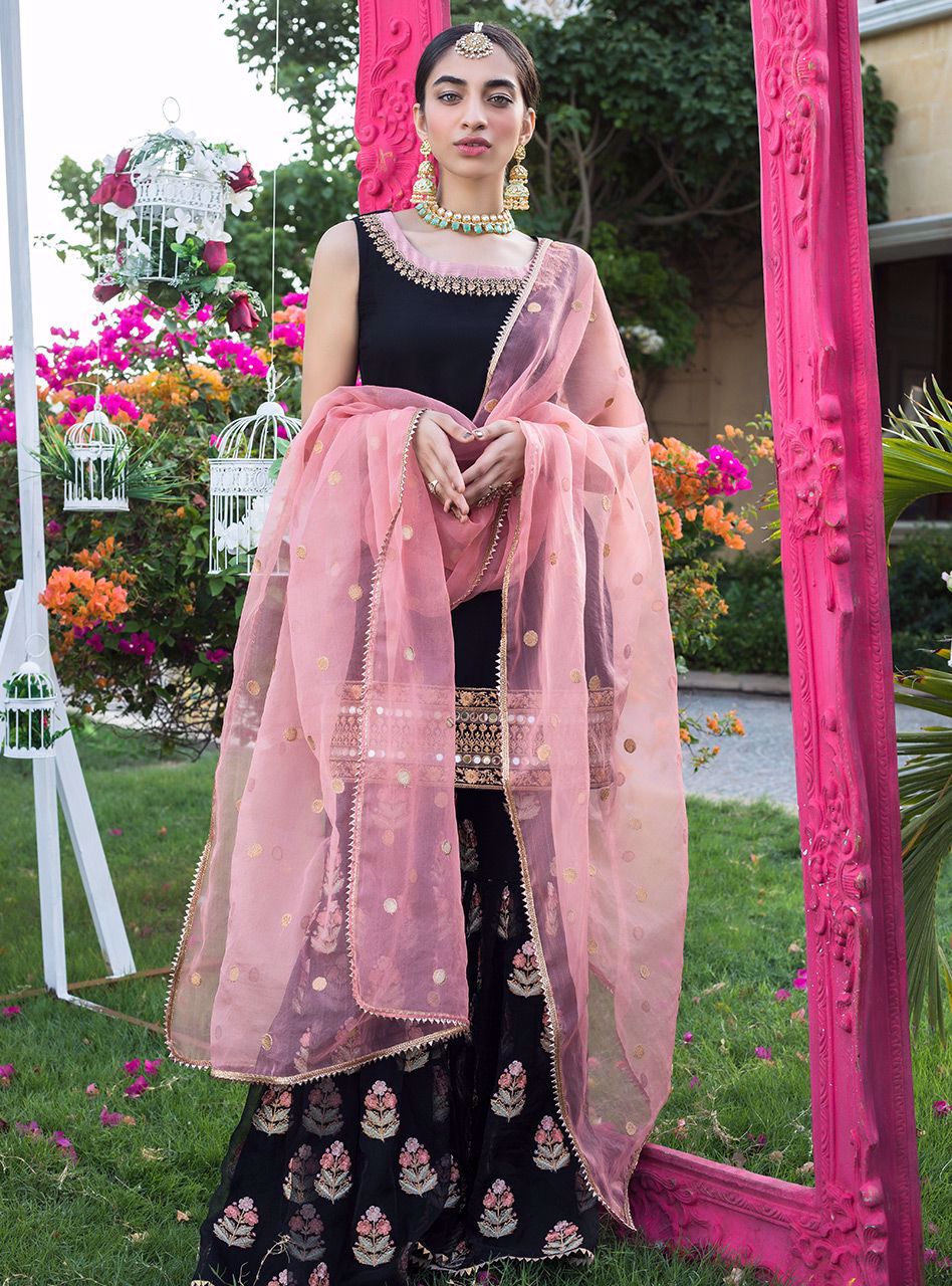 Black Mirror Work Chiffon Gharara (3-Piece) - Image 5