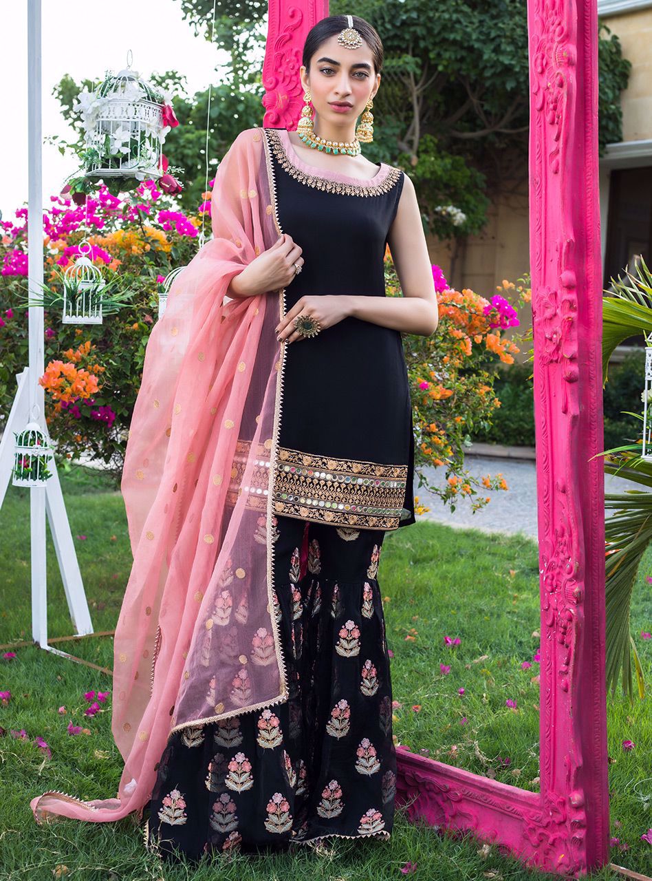 Black Mirror Work Chiffon Gharara (3-Piece) - Image 6