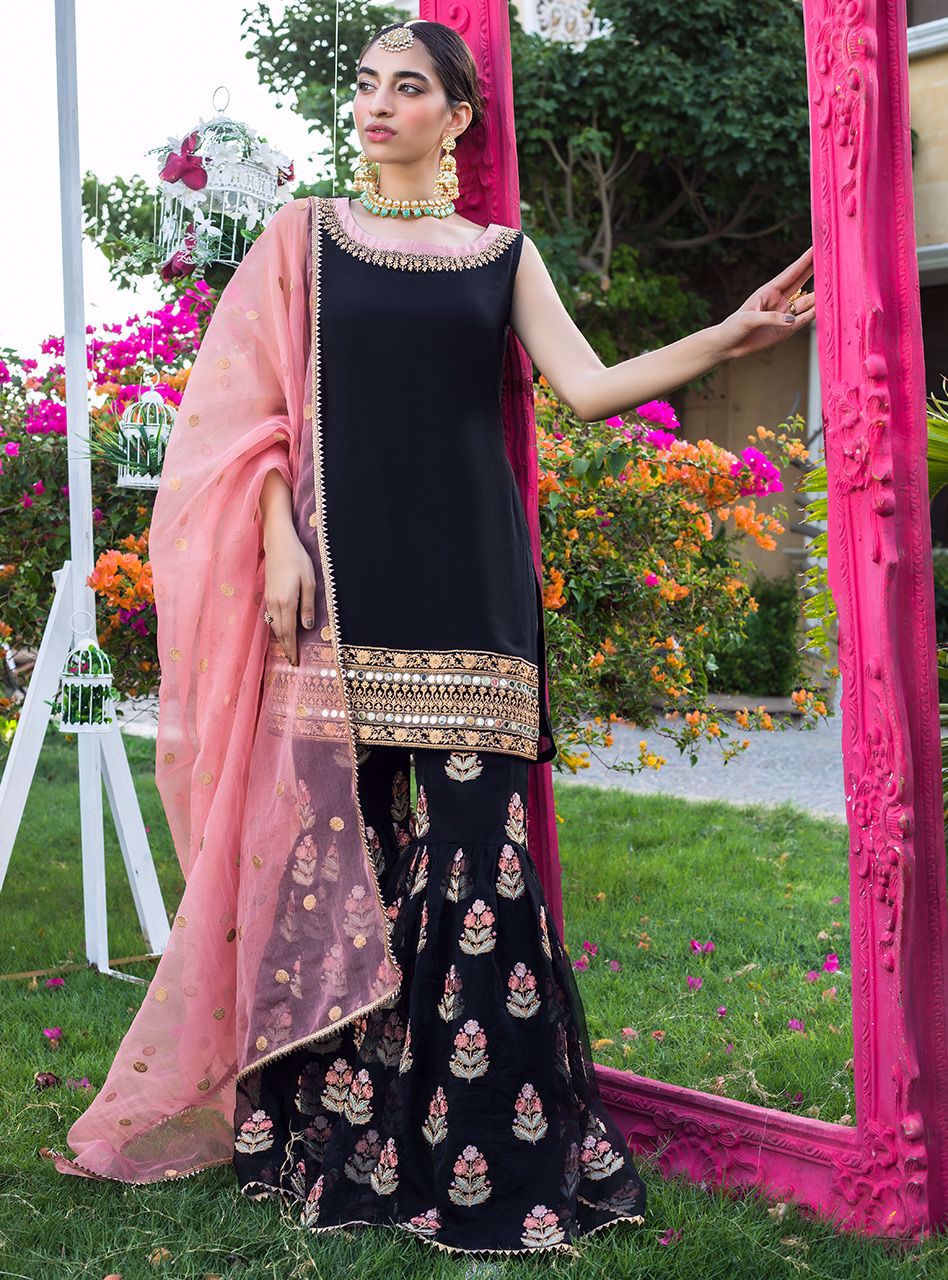 Black Mirror Work Chiffon Gharara (3-Piece) - Image 8