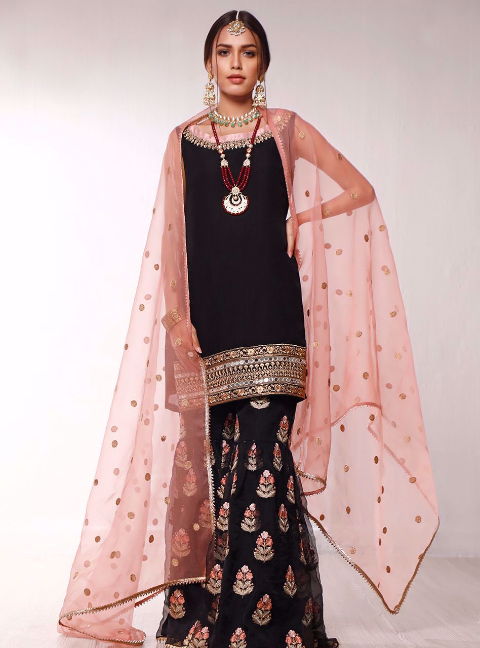 Pakistani Black Mirror Work Chiffon Gharara Set (3-Piece) - Image 1