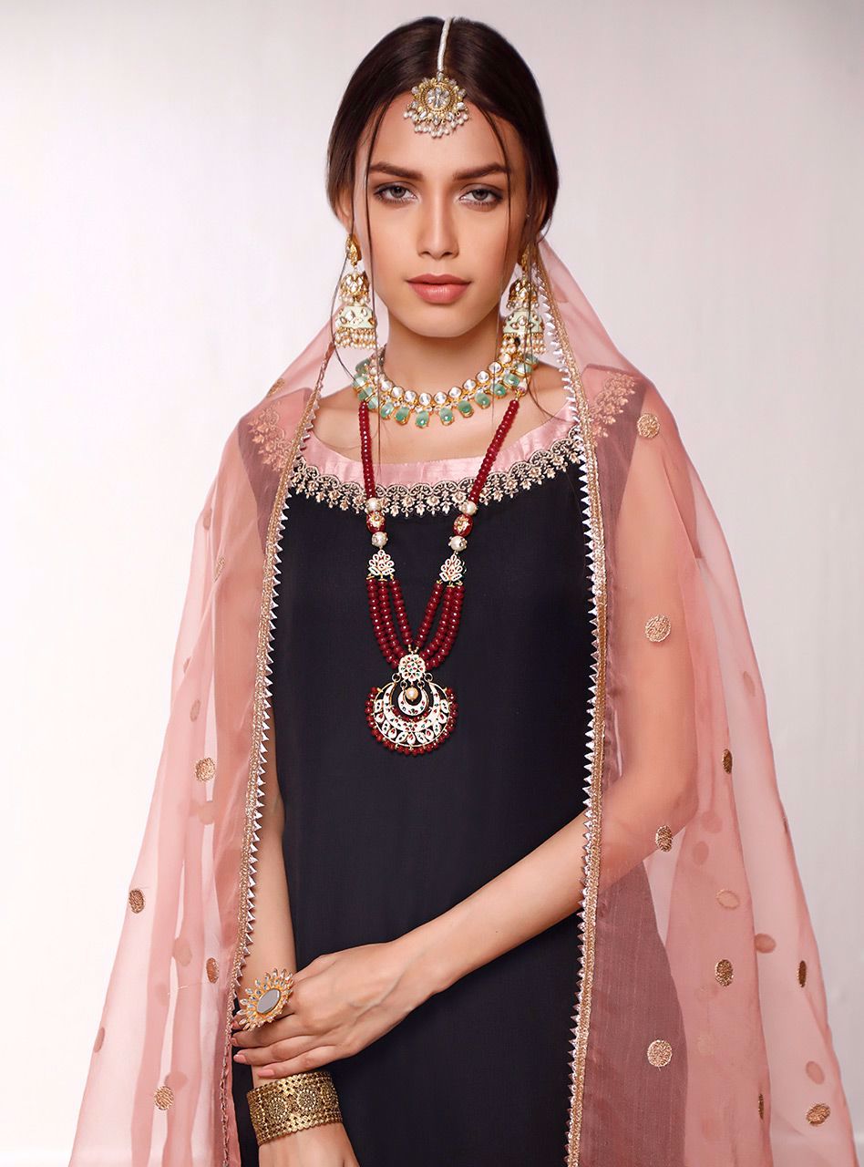 Pakistani Black Mirror Work Chiffon Gharara Set (3-Piece) - Image 3