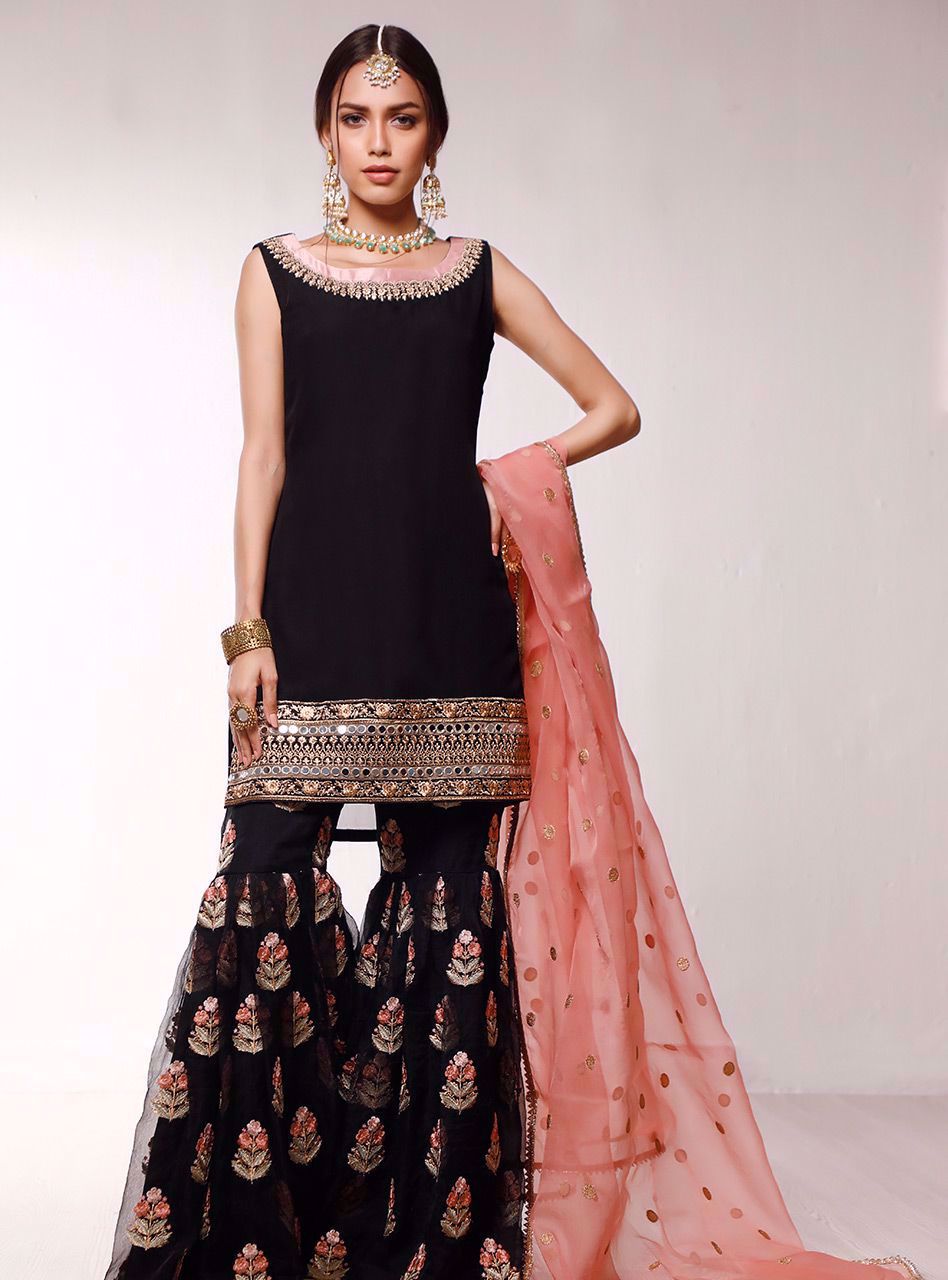 Pakistani Black Mirror Work Chiffon Gharara Set (3-Piece) - Image 5