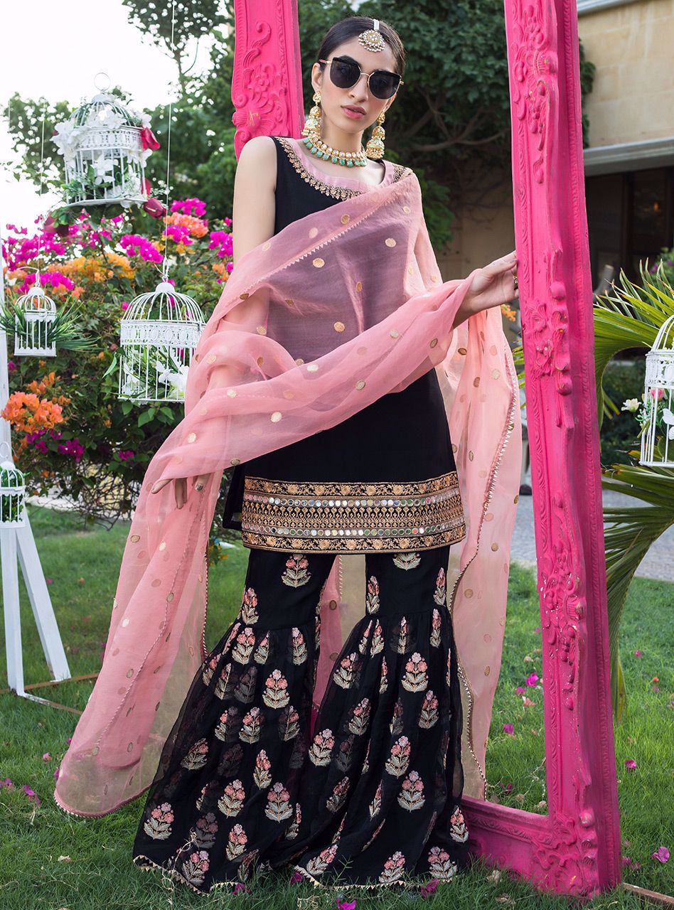 Pakistani Black Mirror Work Chiffon Gharara Set (3-Piece) - Image 7