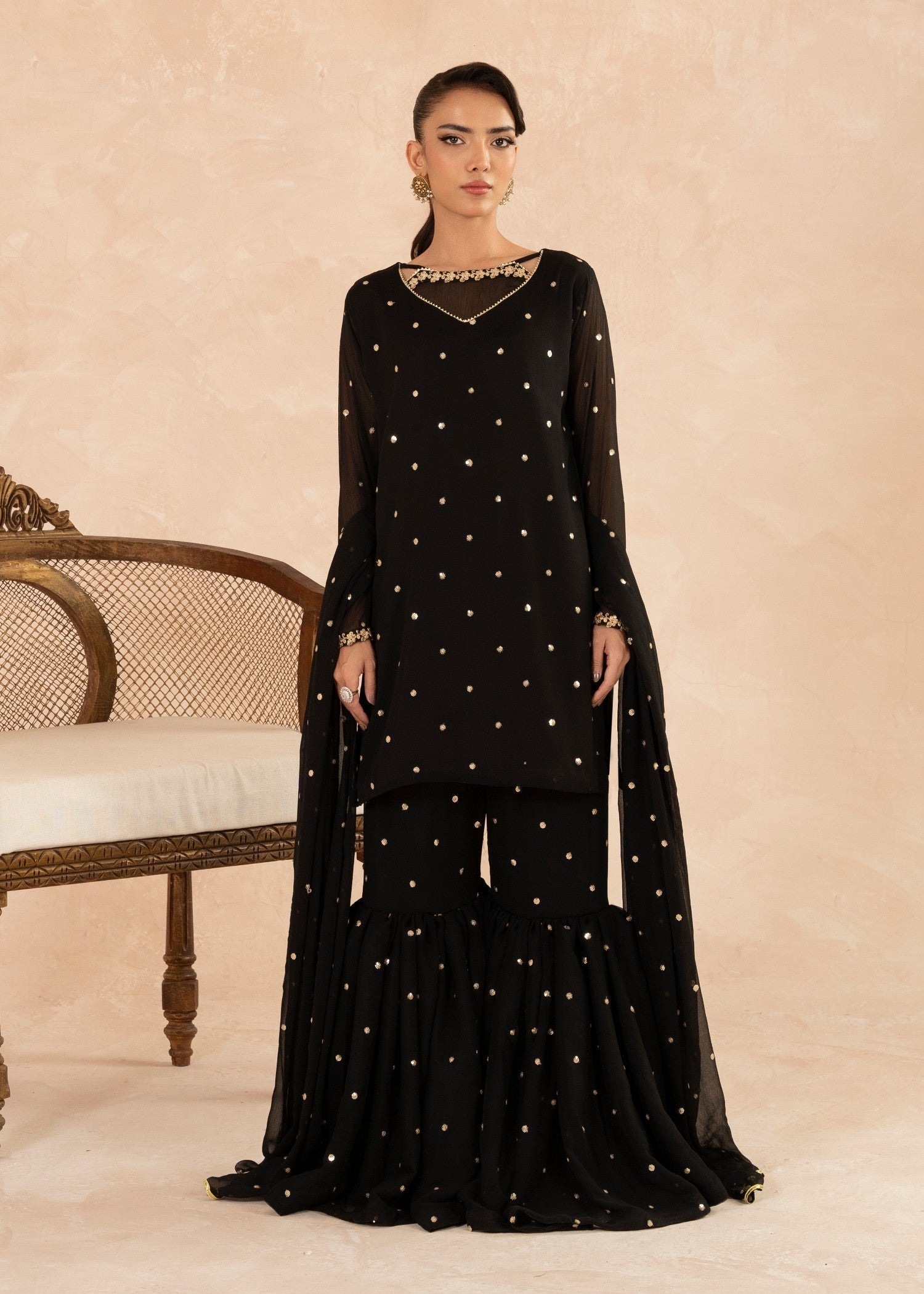 Black Sequin Embroidered Chiffon Gharara (3-Piece) - Image 1
