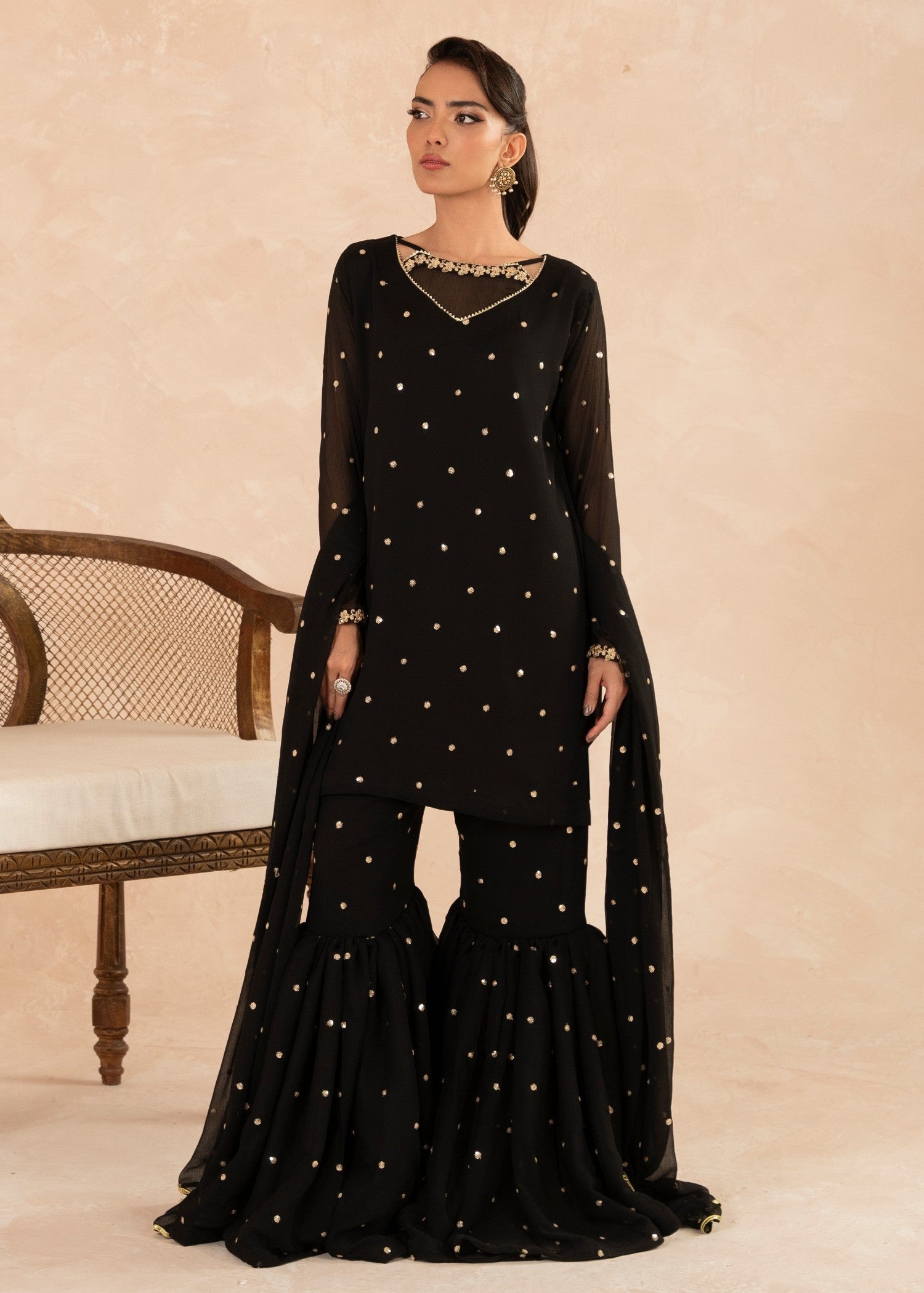 Black Sequin Embroidered Chiffon Gharara (3-Piece) - Image 2