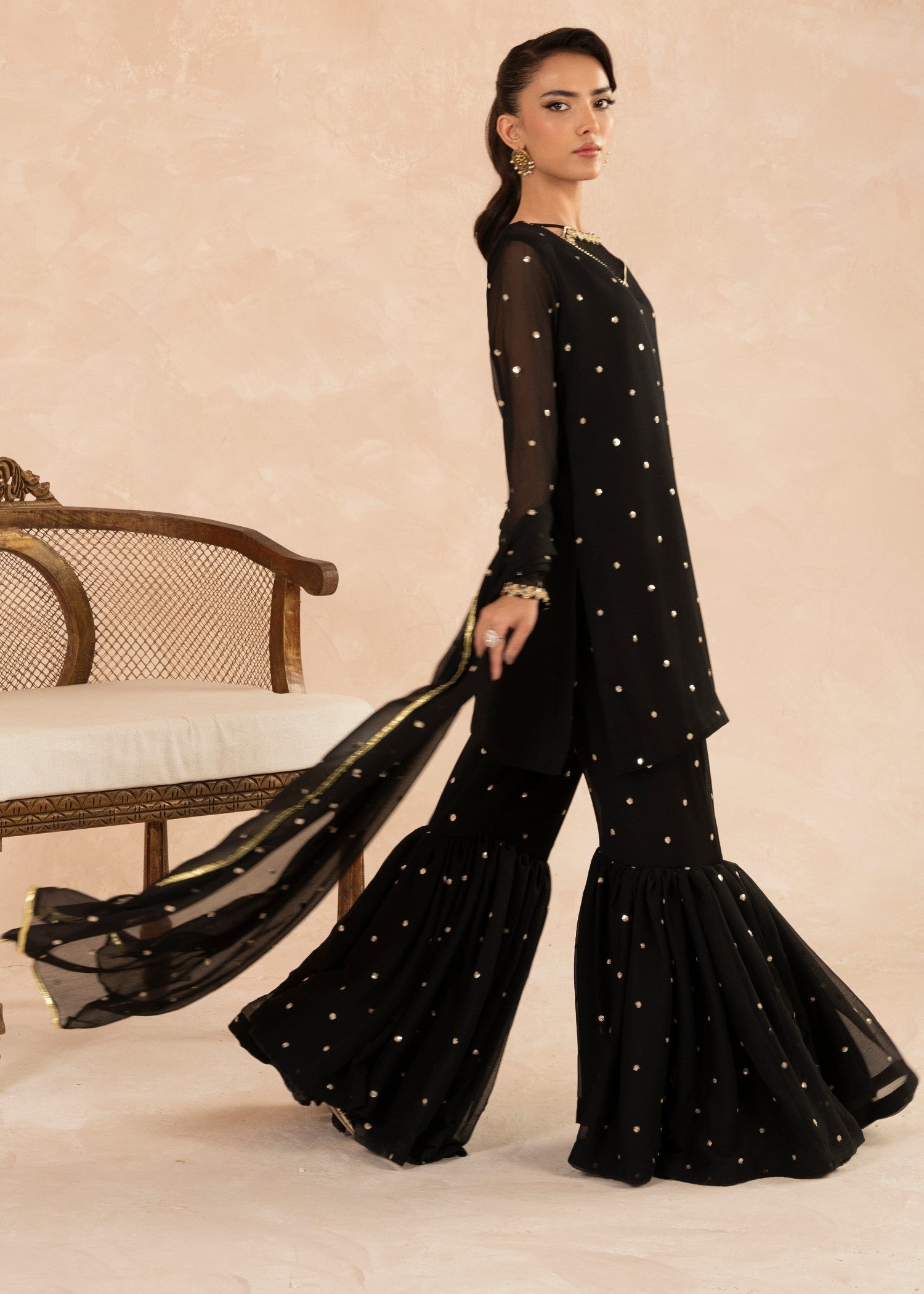 Black Sequin Embroidered Chiffon Gharara (3-Piece) - Image 3