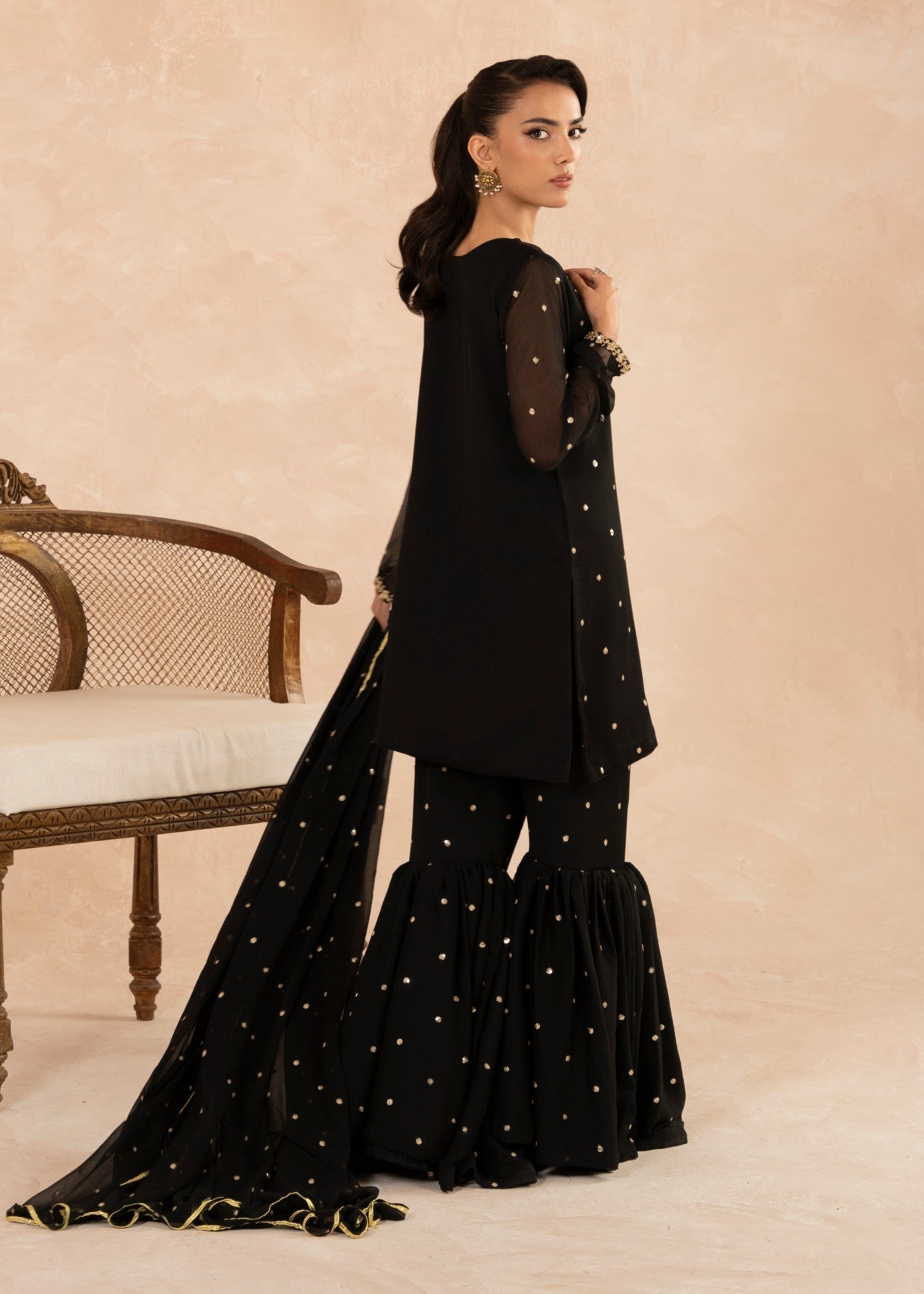 Black Sequin Embroidered Chiffon Gharara (3-Piece) - Image 4
