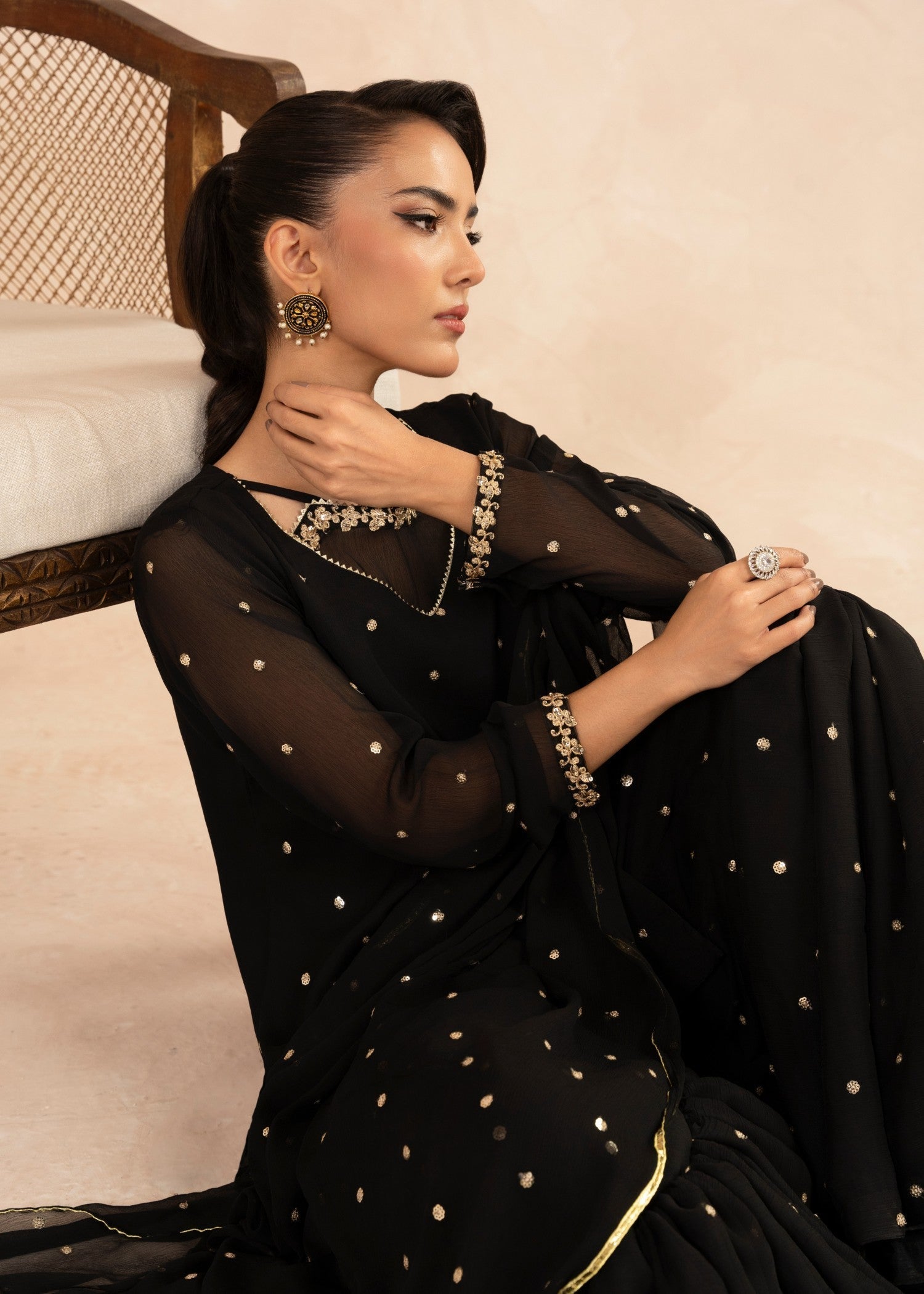 Black Sequin Embroidered Chiffon Gharara (3-Piece) - Image 5
