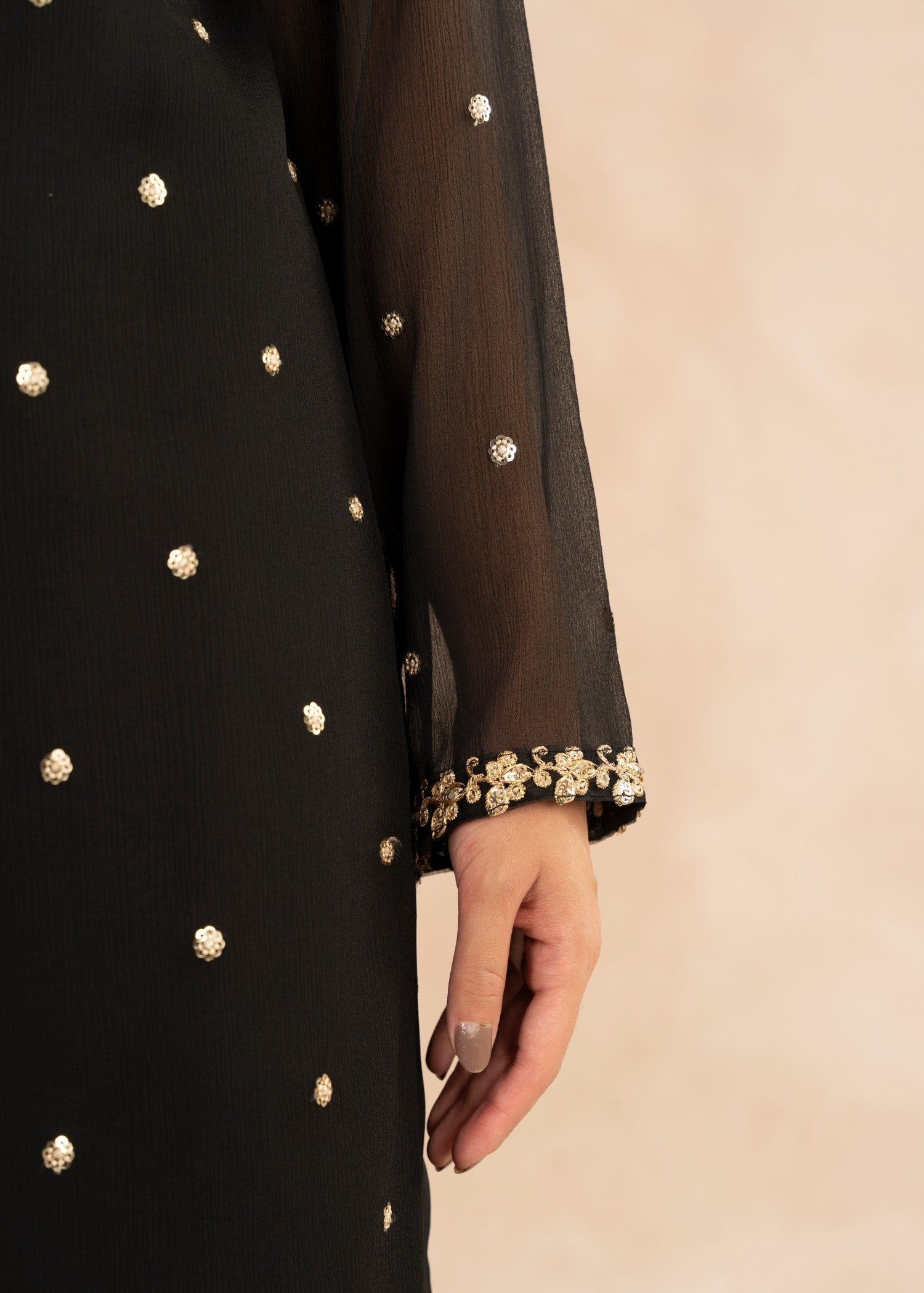 Black Sequin Embroidered Chiffon Gharara (3-Piece) - Image 7